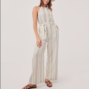 NWT PACT Womens The Coastal Beach Halter Gauze Jumpsuit Cream Gray Stripe Medium